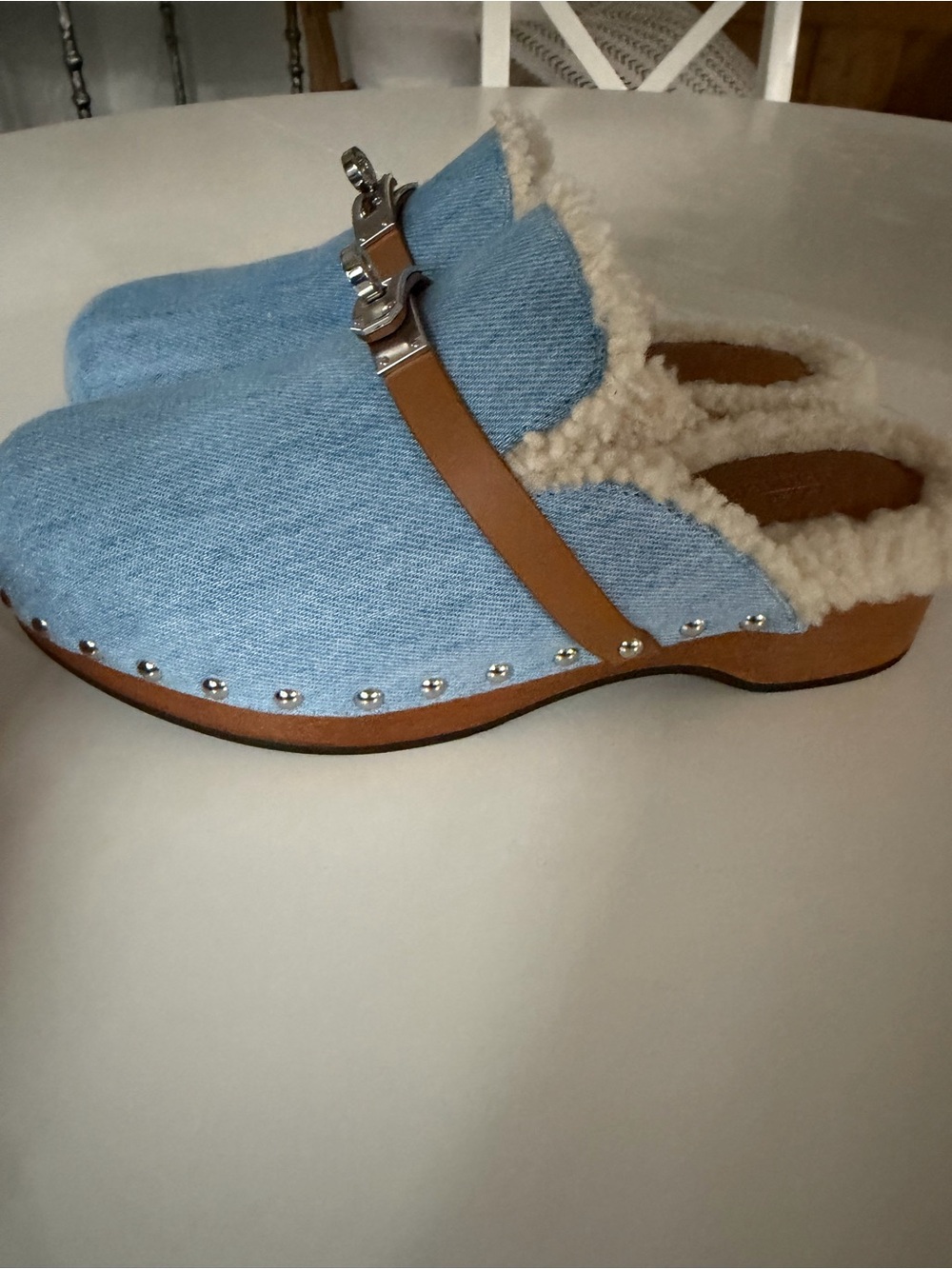 Hermes Light Blue Denim Shearling-Trim Clog Mules
